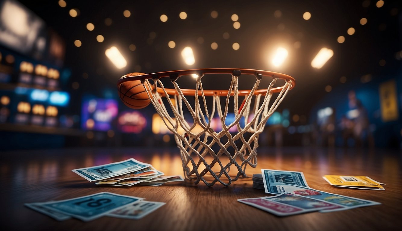 A basketball hoop surrounded by movie tickets and a Disney Plus logo, with a spotlight shining on the words "Upcoming Releases and Announcements" in bold letters