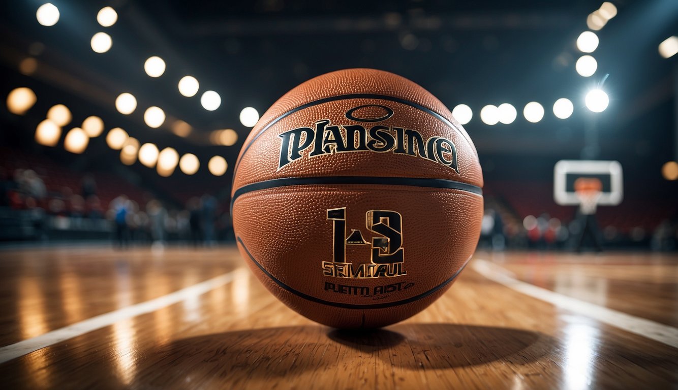 A basketball court with a hoop, basketball, and Disney+ logo displayed on a screen in the background