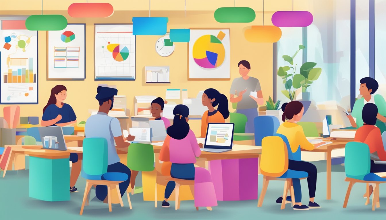 Students engage in interactive learning at Learning Point Tuition Centre, surrounded by colorful educational materials and engaged in lively discussions