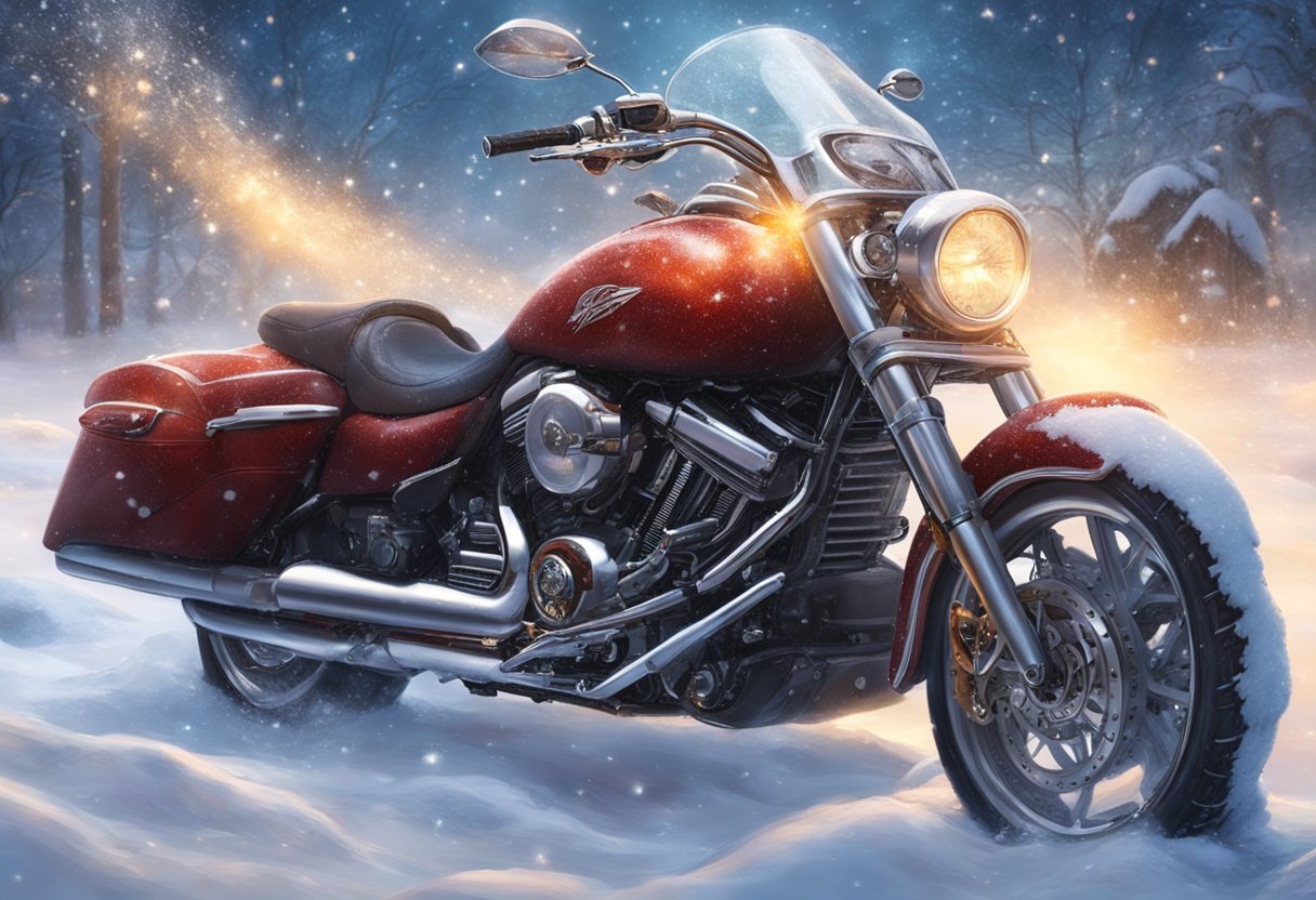 A motorcycle parked in a cold, snowy environment with visible exhaust fumes indicating a rich running engine. Snowflakes falling around the bike