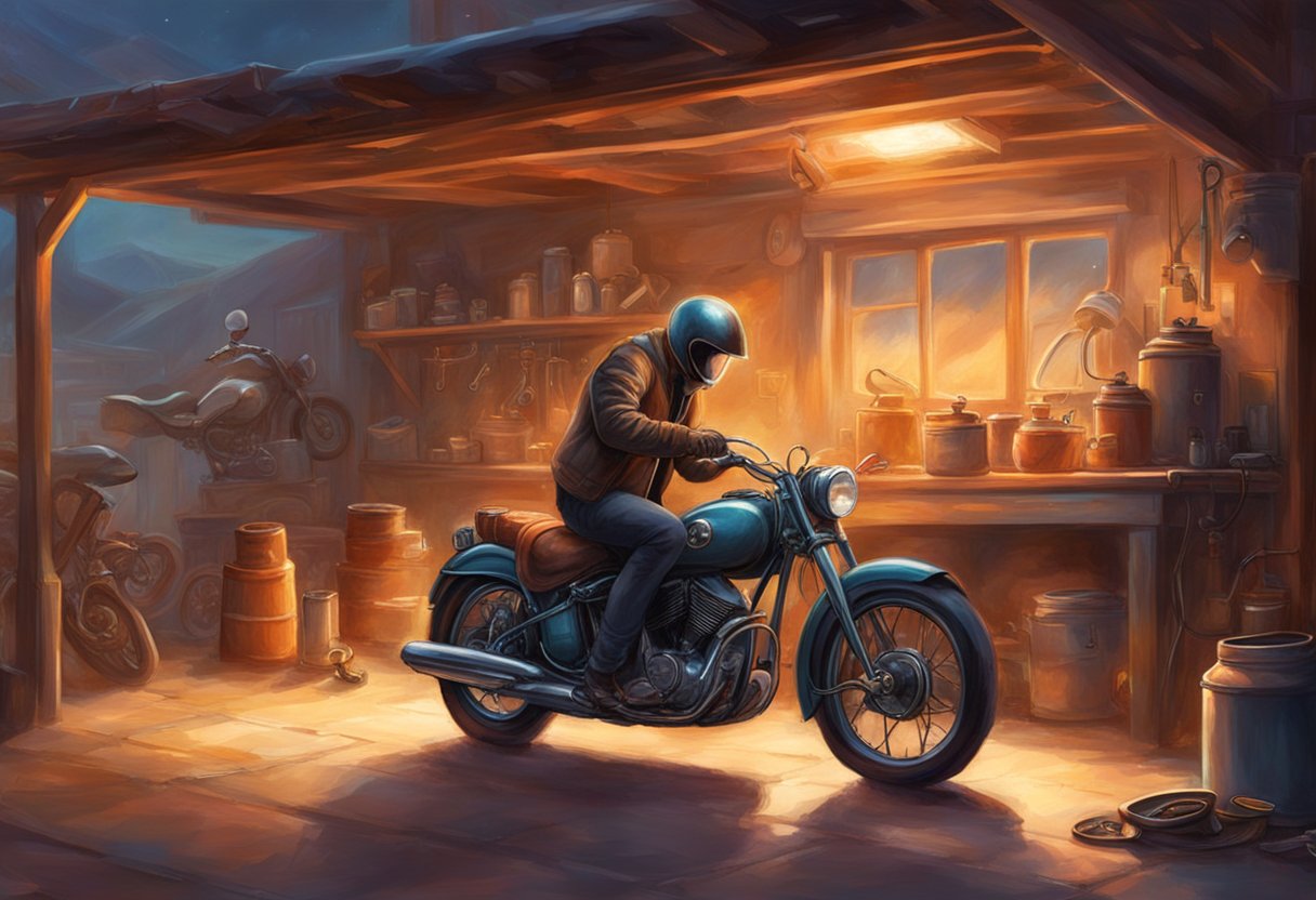 A motorcycle parked in a garage with a mechanic adjusting the carburetor to prevent rich mixture issues in cold weather