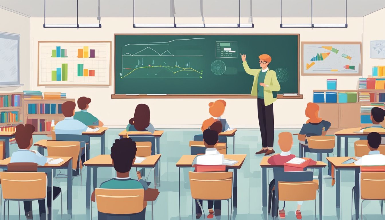 A classroom with a whiteboard and economic graphs. Books and stationery on desks. A tutor explaining concepts to students