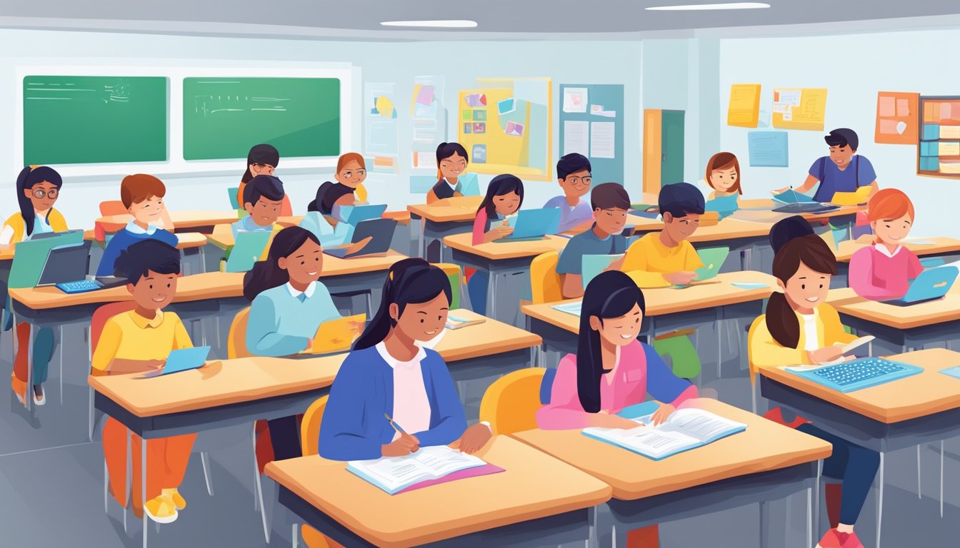 Students engaged in interactive learning activities at Learning Point tuition centre. Brightly colored educational materials and technology are utilized in the modern classroom setting