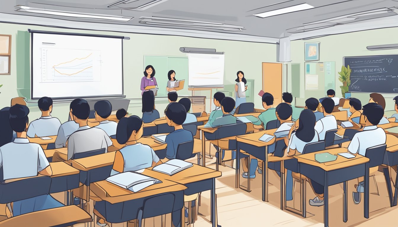 A classroom filled with eager students, engaged in comprehensive economics tuition programmes in Singapore. The tutor leads a dynamic discussion on economic principles and theories