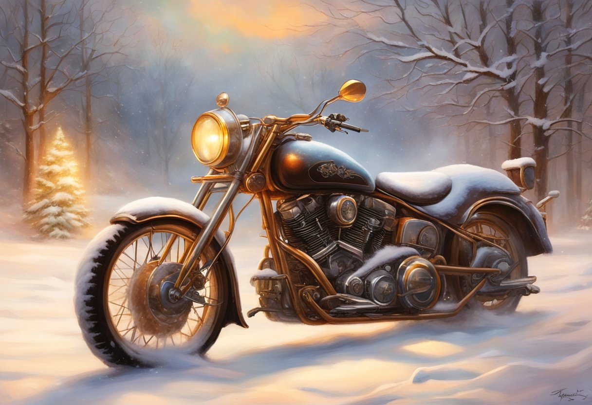 A motorcycle parked in a snow-covered driveway with steam rising from its engine, surrounded by a cold and wintry landscape