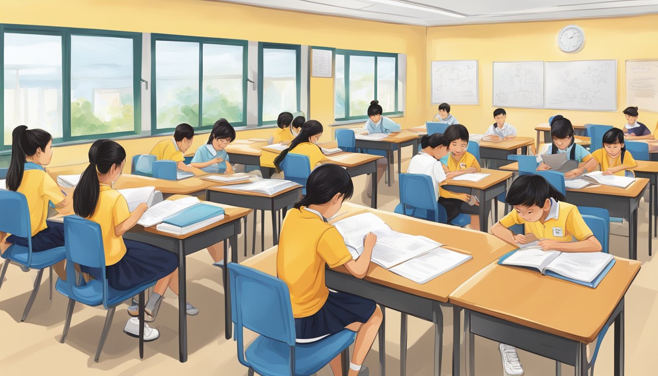 Students engaging in English tuition at a Singaporean centre, studying secondary school materials