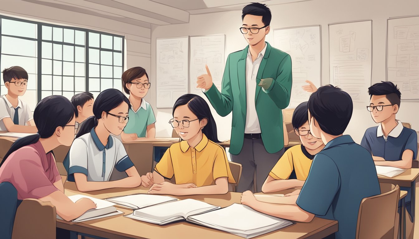 Students gather around a teacher, asking questions about English tuition in a Singapore secondary school