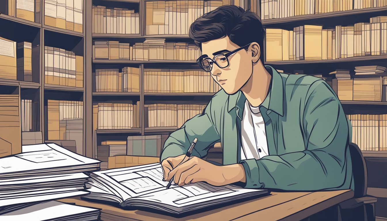 A student diligently studies economics textbooks surrounded by charts and graphs, with a determined look on their face