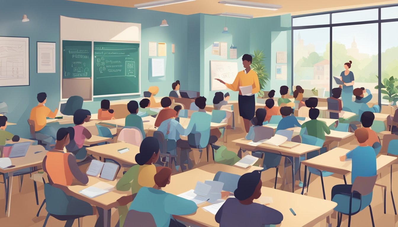 A bustling tuition centre with a sign reading "Frequently Asked Questions" and students engaged in learning activities