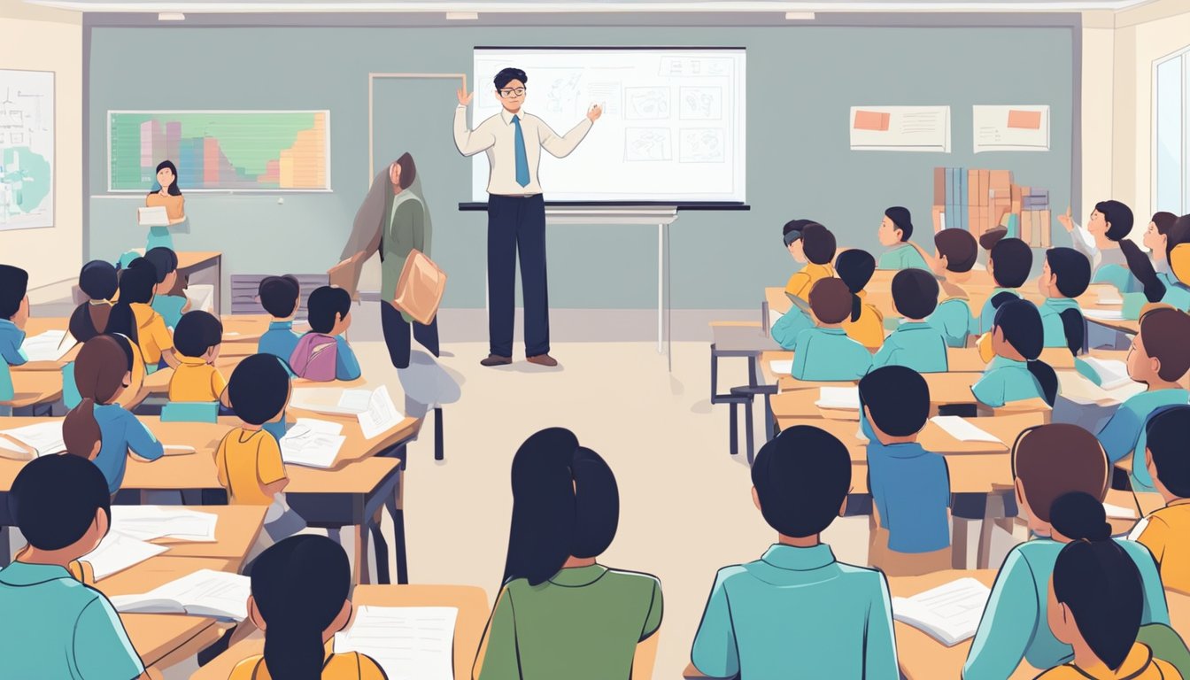 A teacher stands in front of a whiteboard, surrounded by eager students raising their hands with questions about economics tuition in Singapore