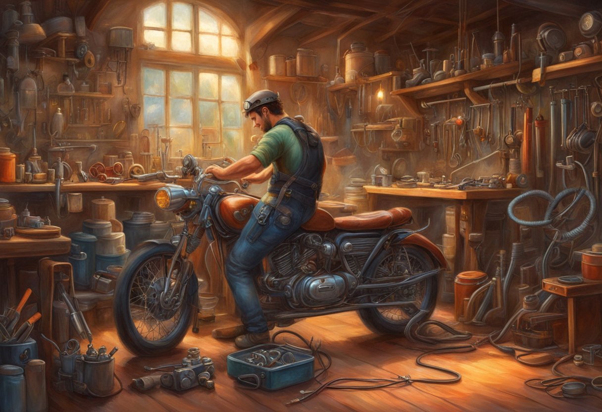 A mechanic adjusts throttle cables on a motorcycle, checking for any signs of wear or damage. Tools and spare parts are laid out on a workbench nearby