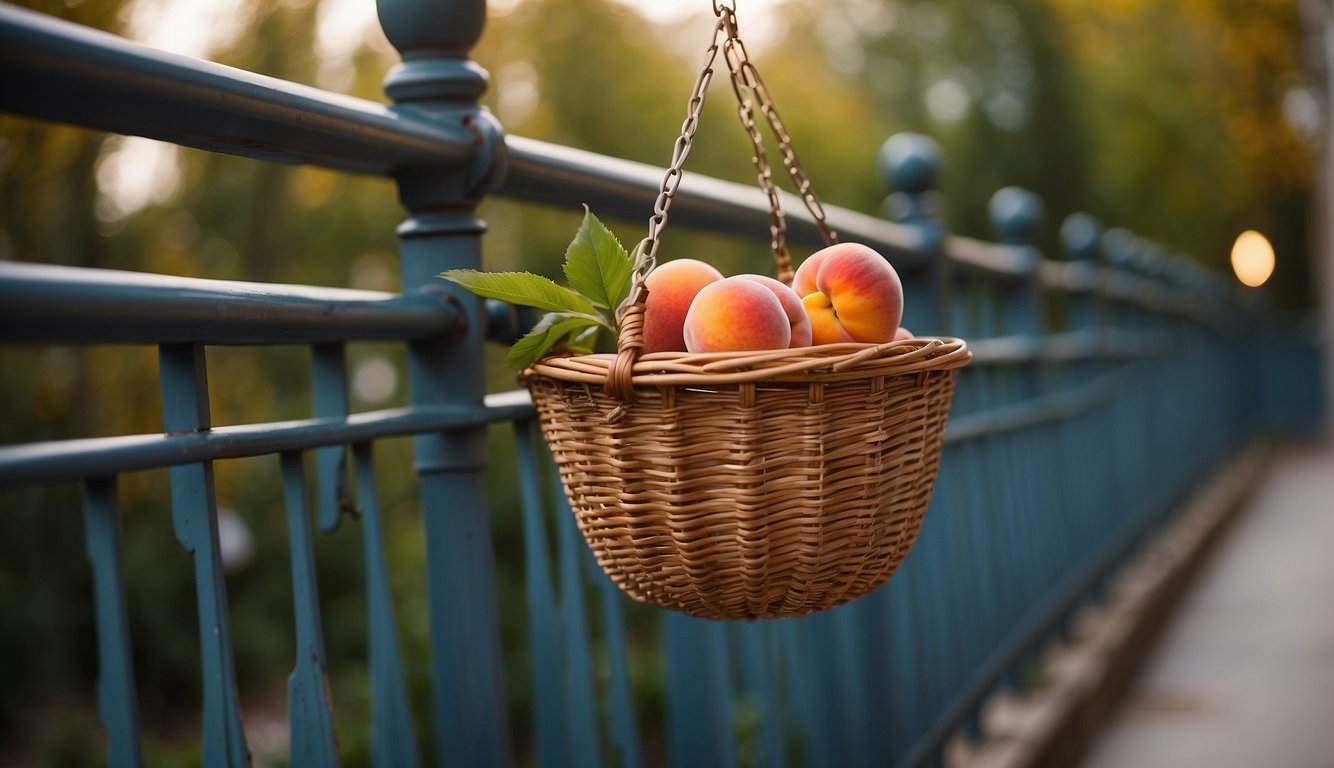 A peach basket hung from a railing, with a ball dropping through