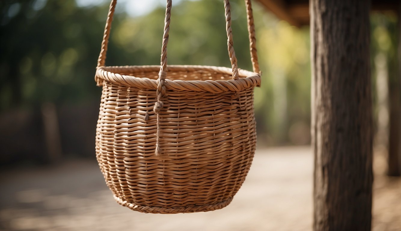 A woven, cylindrical basket with a wide opening hung on a wooden pole