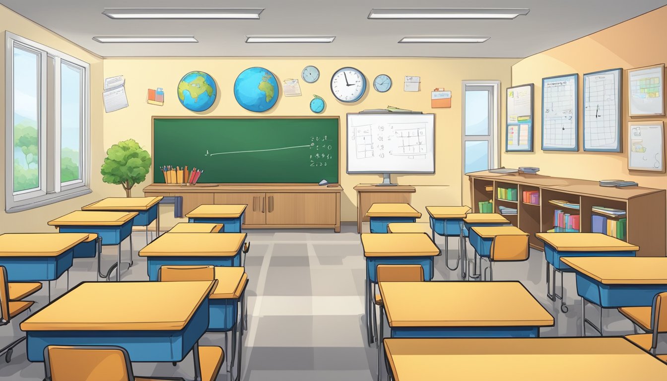 Unlock Your Maths Potential with Bukit Batok Tuition A classroom in Bukit Batok with a whiteboard, desks, and math equations on the board