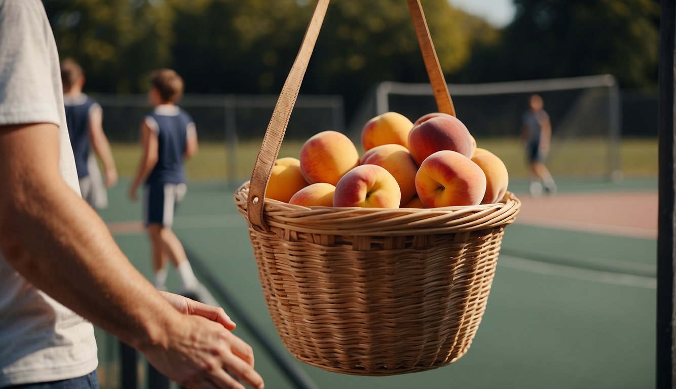 A vintage peach basket hung from a railing, surrounded by a group of players dribbling and shooting on an outdoor court