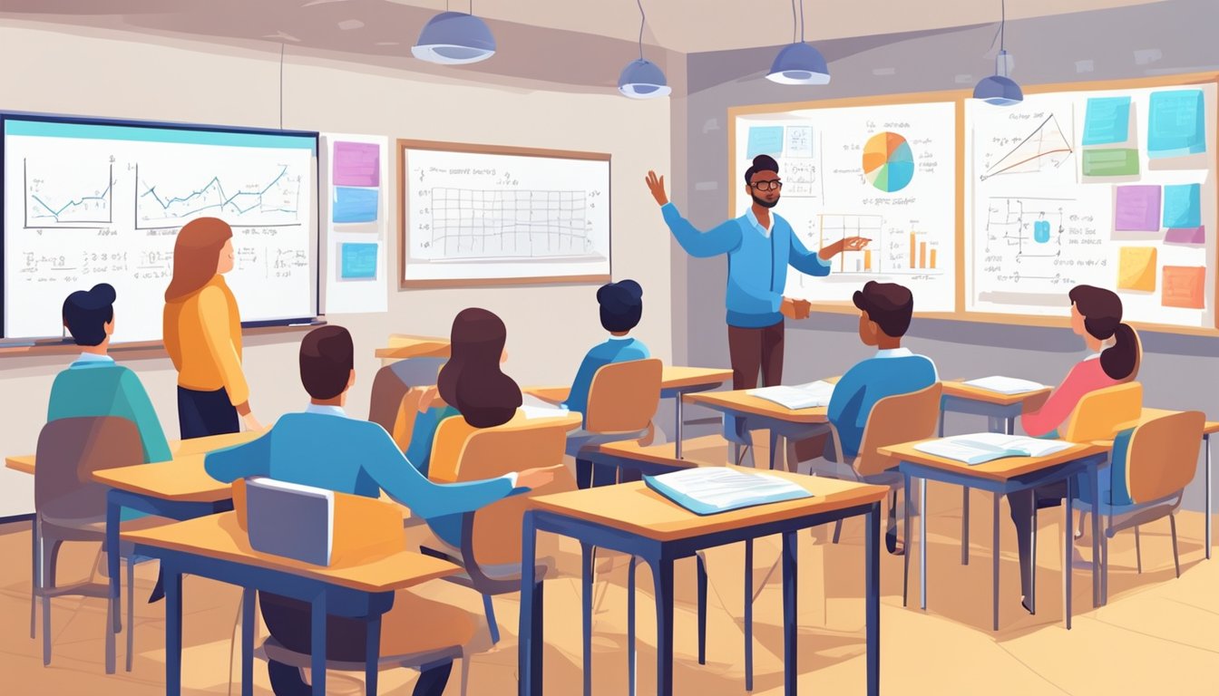 Unlock Your Maths Potential with Bukit Batok Tuition A classroom with whiteboards, desks, and textbooks. A tutor explains complex math concepts to students. Posters with math formulas adorn the walls