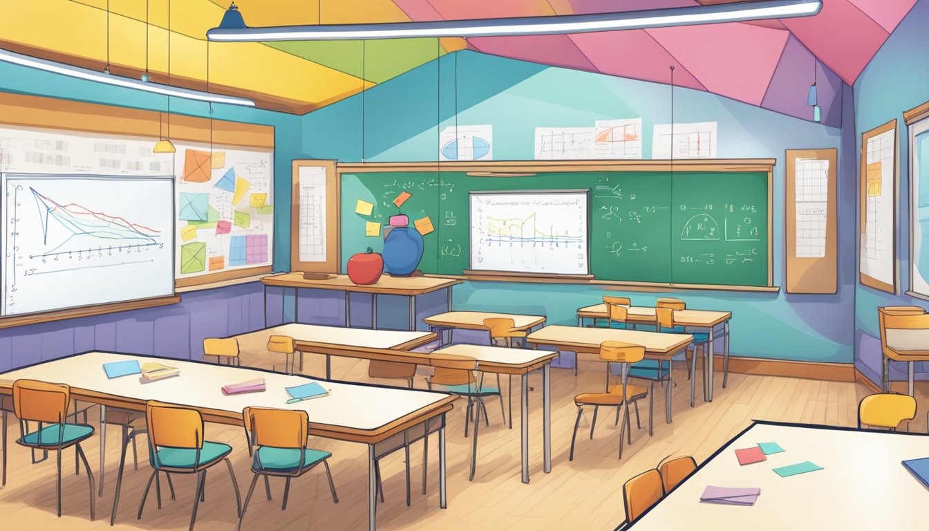 Unlock Your Maths Potential with Bukit Batok Tuition A bright, spacious classroom with colorful math charts and diagrams on the walls. A whiteboard at the front displays complex equations, while small groups of students work together at various tables