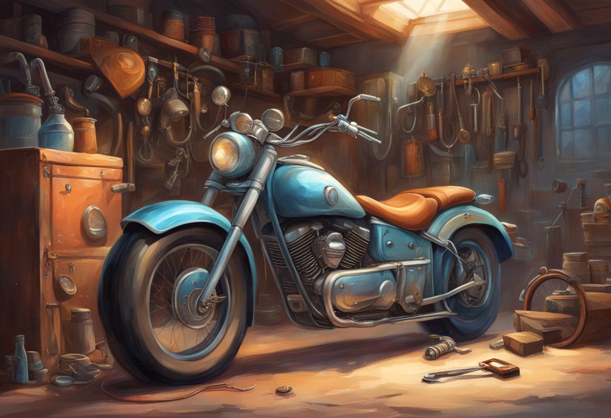 A motorcycle parked in a garage with a mechanic's tools scattered around. The motorcycle is in neutral with the engine off
