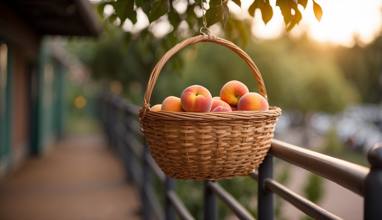 A peach basket hung from a railing, with a wooden backboard behind it