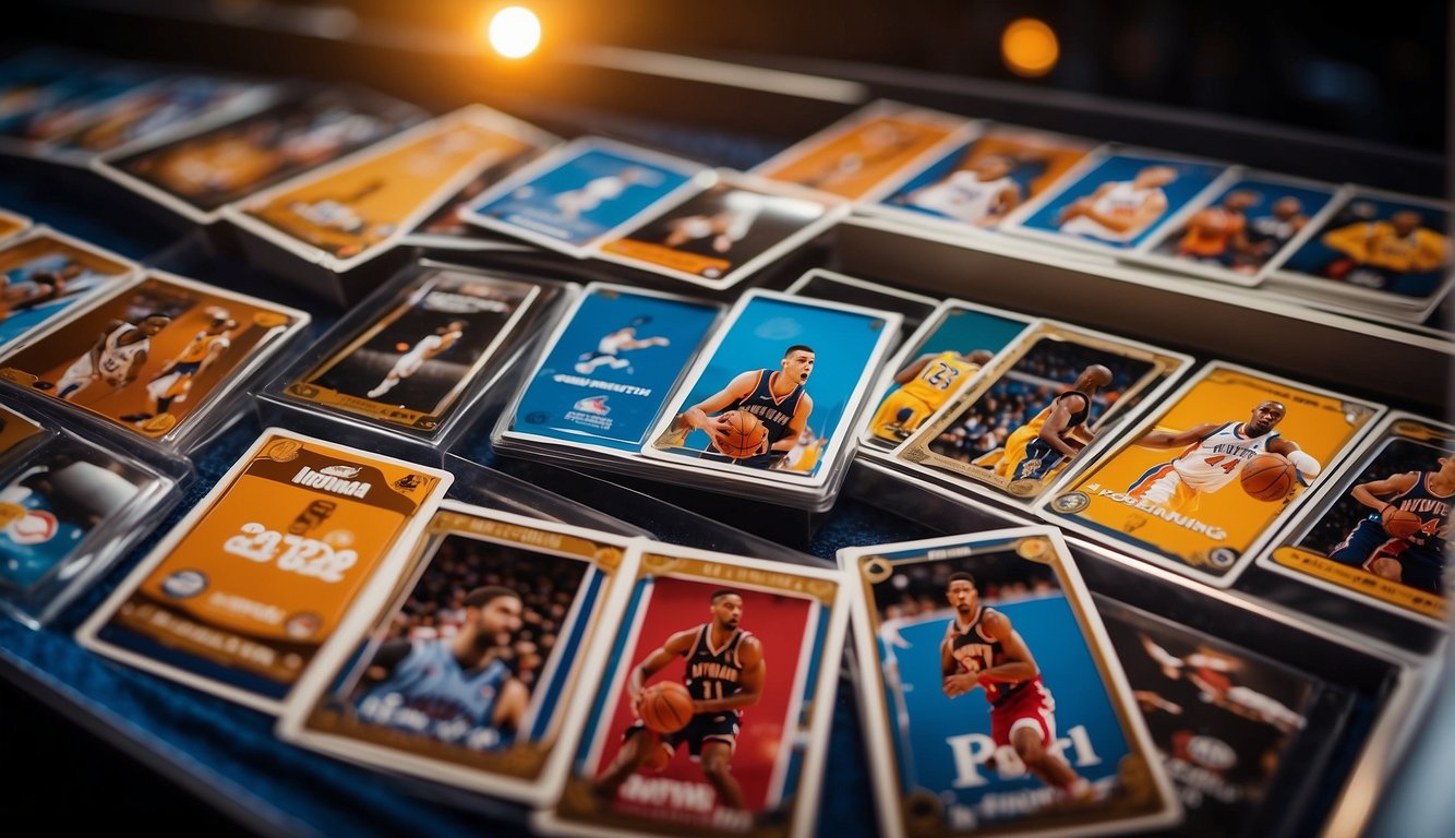 A stack of pristine basketball cards, featuring top players from renowned brands, sits on a velvet-lined display case