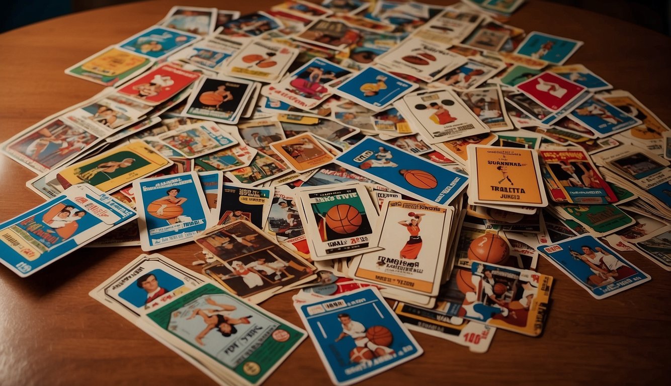 A table displaying vintage basketball cards, with price tags indicating the most valuable brands