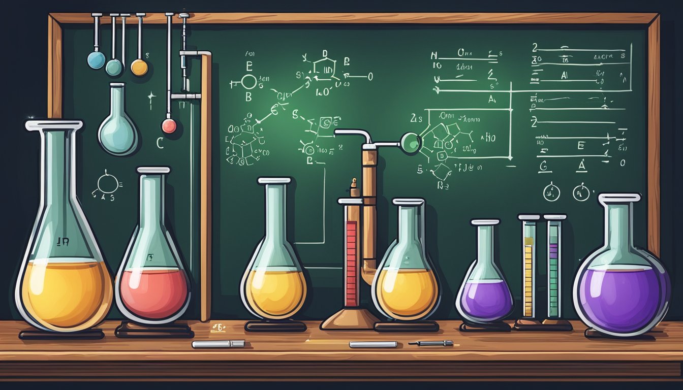 A lab table with beakers, test tubes, and a Bunsen burner. Chemical equations and diagrams on a chalkboard. Bright, focused lighting