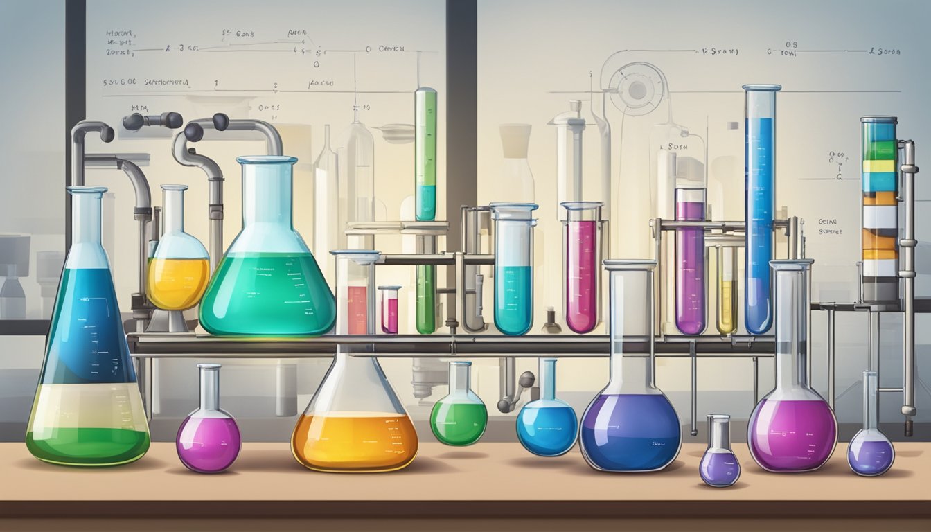 A laboratory table holds beakers, test tubes, and chemical compounds. A textbook on pure chemistry lies open, with equations and diagrams