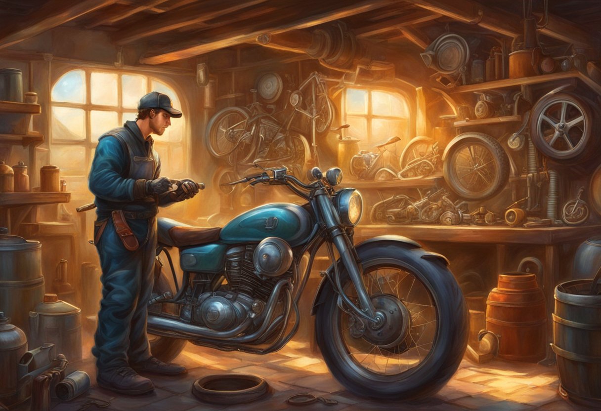 A mechanic inspects a motorcycle's engine, checks oil levels, and examines the tires for wear and tear. The motorcycle is parked in a well-lit garage with tools and equipment nearby