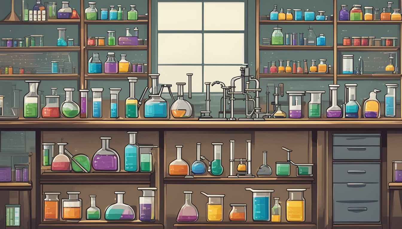 A chemistry lab with beakers, test tubes, and a microscope on a clean, organized desk. A periodic table and chemical formulas are displayed on the wall