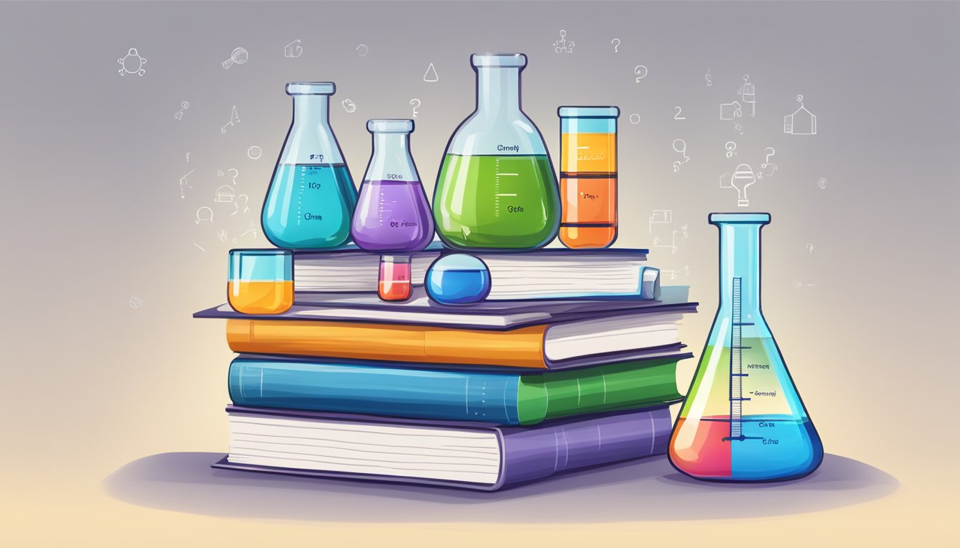 A stack of textbooks with "Frequently Asked Questions pure chemistry tuition" on a desk, surrounded by beakers, test tubes, and chemical formulas