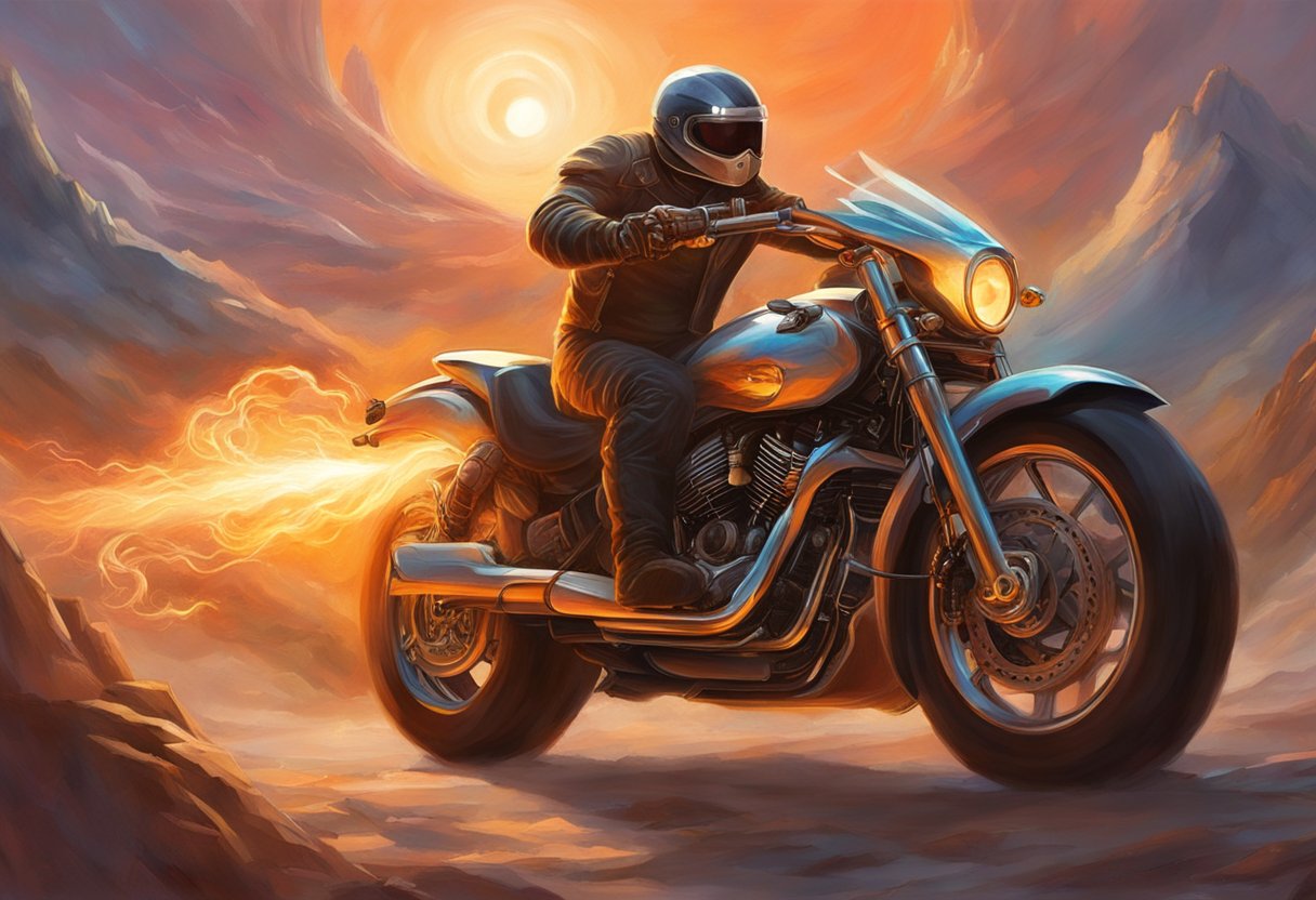 A motorcycle accelerates, jerking as the transmission struggles. The rider's hand grips the throttle, while the gears grind and the engine revs