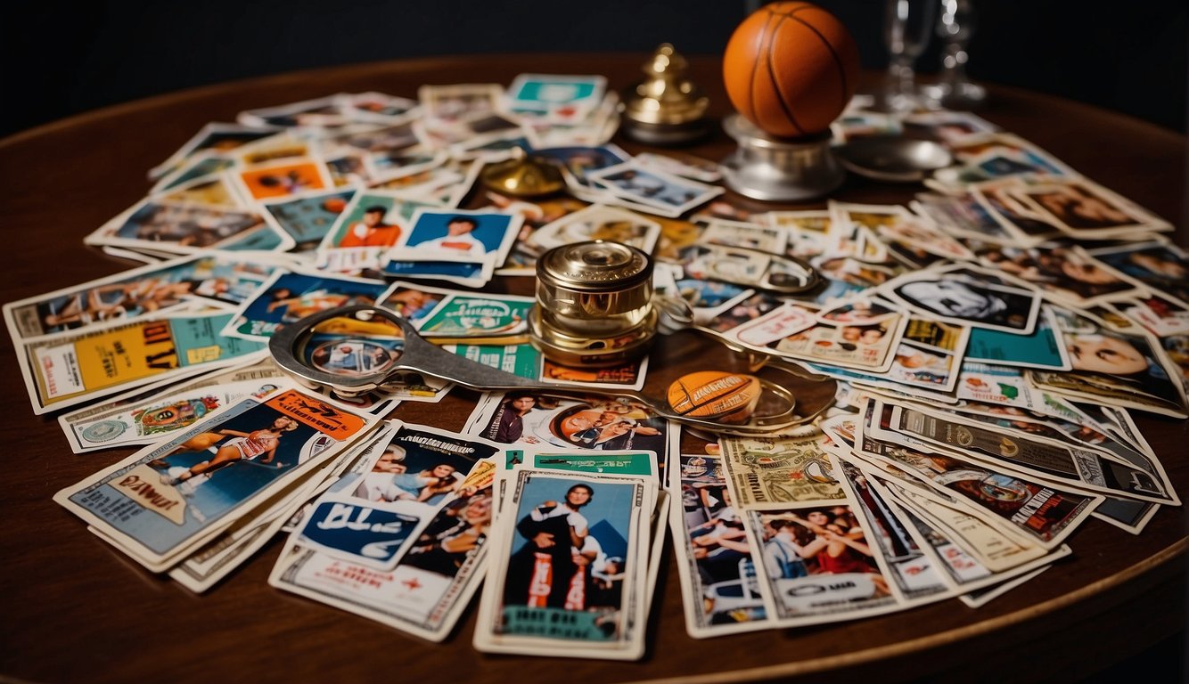 A table displays graded basketball cards from top brands. A magnifying glass hovers over the cards, highlighting their authenticity and value