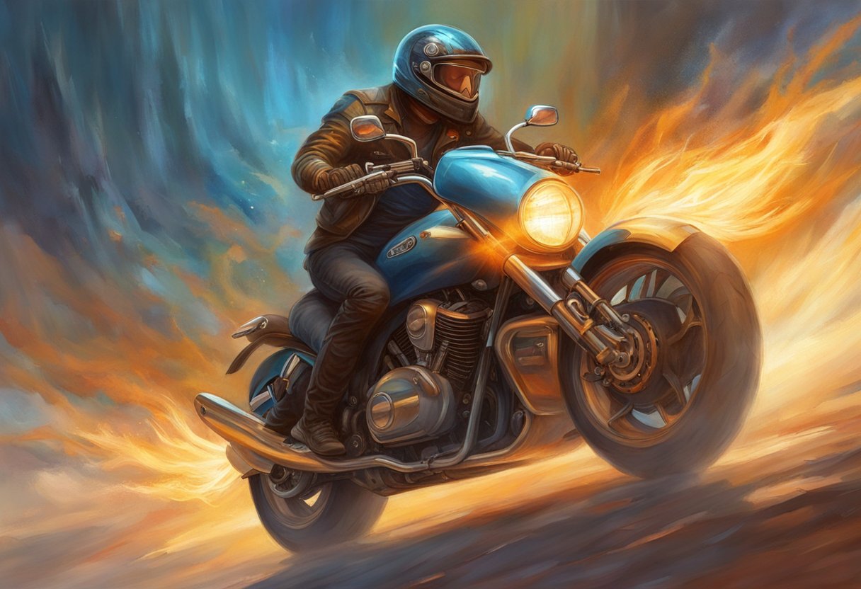 A motorcycle's transmission jerks during acceleration, causing the rider to struggle with control. The engine revs loudly as the bike lurches forward, creating a tense and unstable feeling for the rider