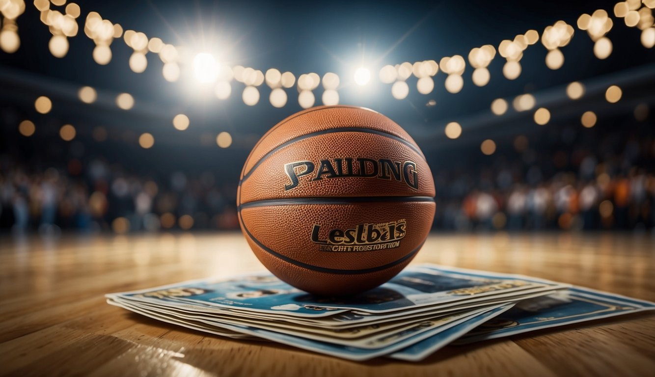 A basketball court with a spotlight on a stack of valuable brand basketball cards, surrounded by a crowd of excited fans