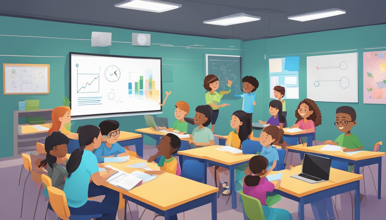 A group of students engaged in interactive learning activities at SmartLab Tuition, with tutors providing personalized guidance