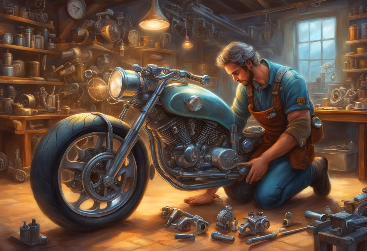 A mechanic examines a turbocharged motorcycle, diagnosing weak acceleration. Tools and replacement parts are laid out on a workbench nearby