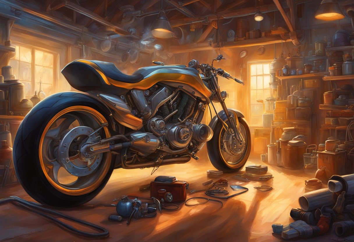 A turbocharged motorcycle is parked in a well-lit garage. The mechanic is checking the engine and exhaust system for signs of wear and tear. Tools and diagnostic equipment are neatly organized nearby