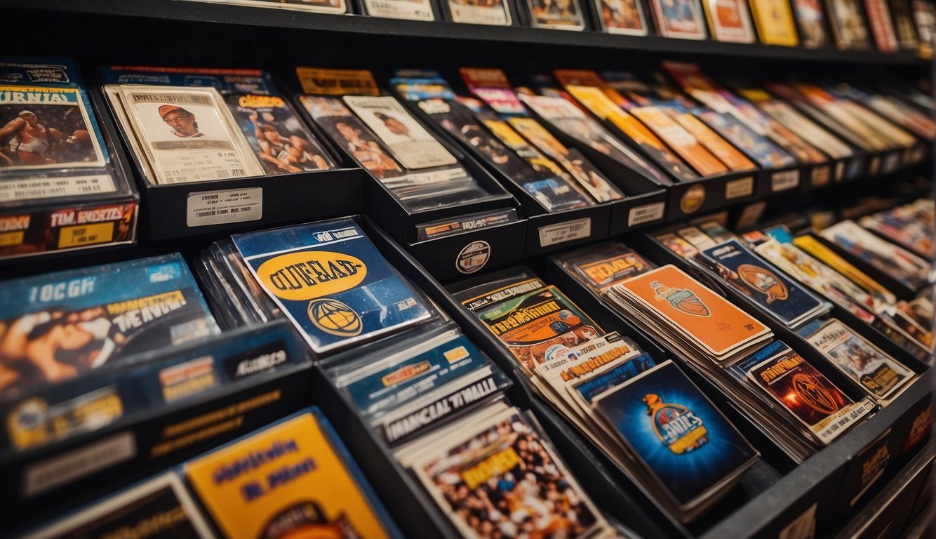 A display of various basketball card editions and rarities, with price tags and brand logos prominently featured