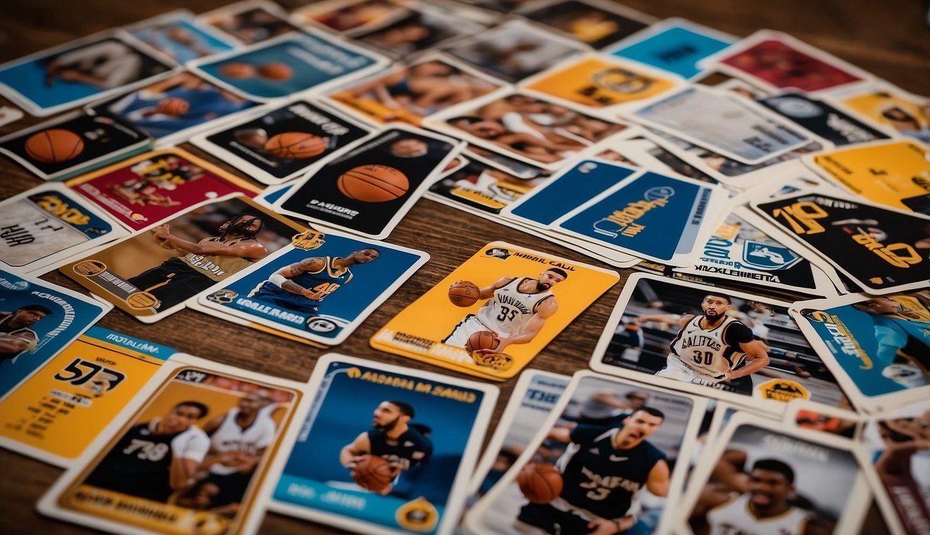 A stack of basketball cards from top brands like Topps and Panini, with price guides and online resources nearby