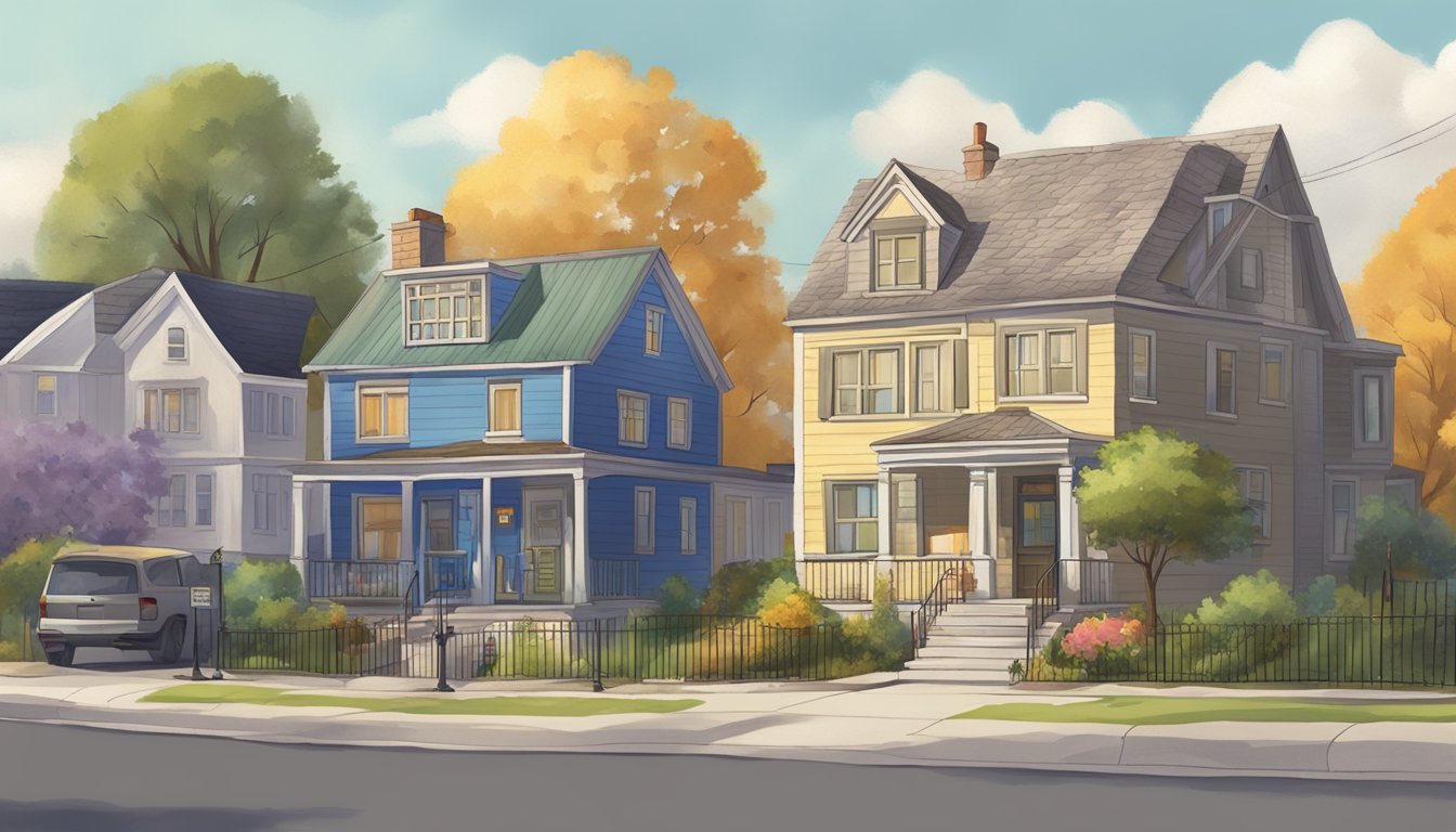 A quiet neighborhood street in the west, with a small sign indicating "tuition assignment" outside a cozy home