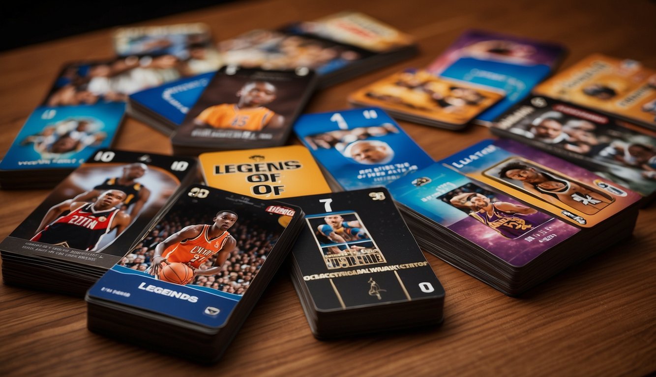 A stack of "Legends of the Court" brand basketball cards arranged on a table, with one card prominently displayed and surrounded by others