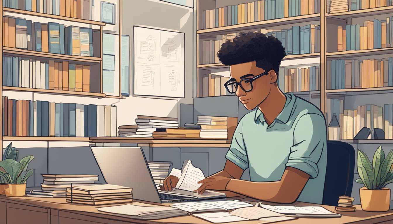 A student sits at a desk, surrounded by books and notes. A laptop is open, displaying a tutoring platform. The room is well-lit and organized, creating a focused and productive atmosphere