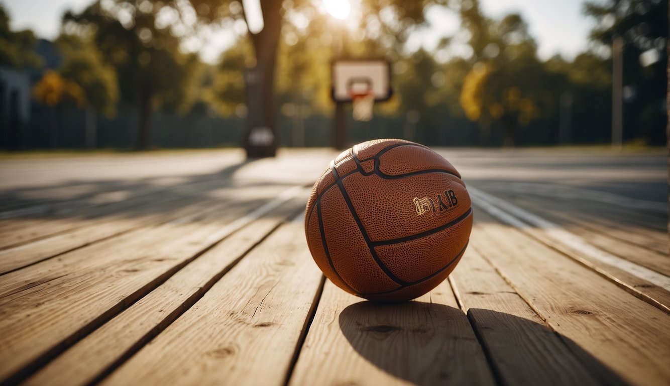 A basketball lying on a wooden court, with the hoop in the background