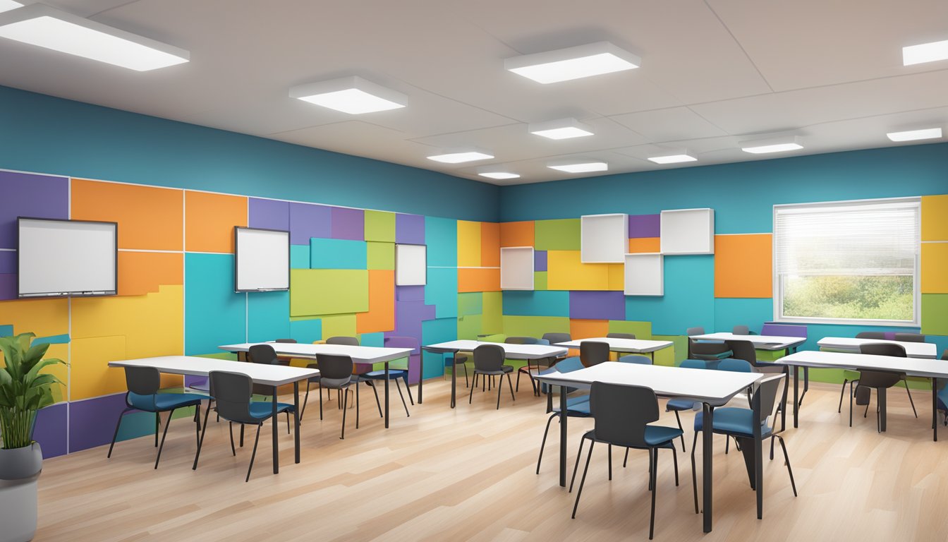 A modern and vibrant learning space with colorful walls, interactive whiteboards, and cozy study nooks at Ada Tuition and Enrichment Hub