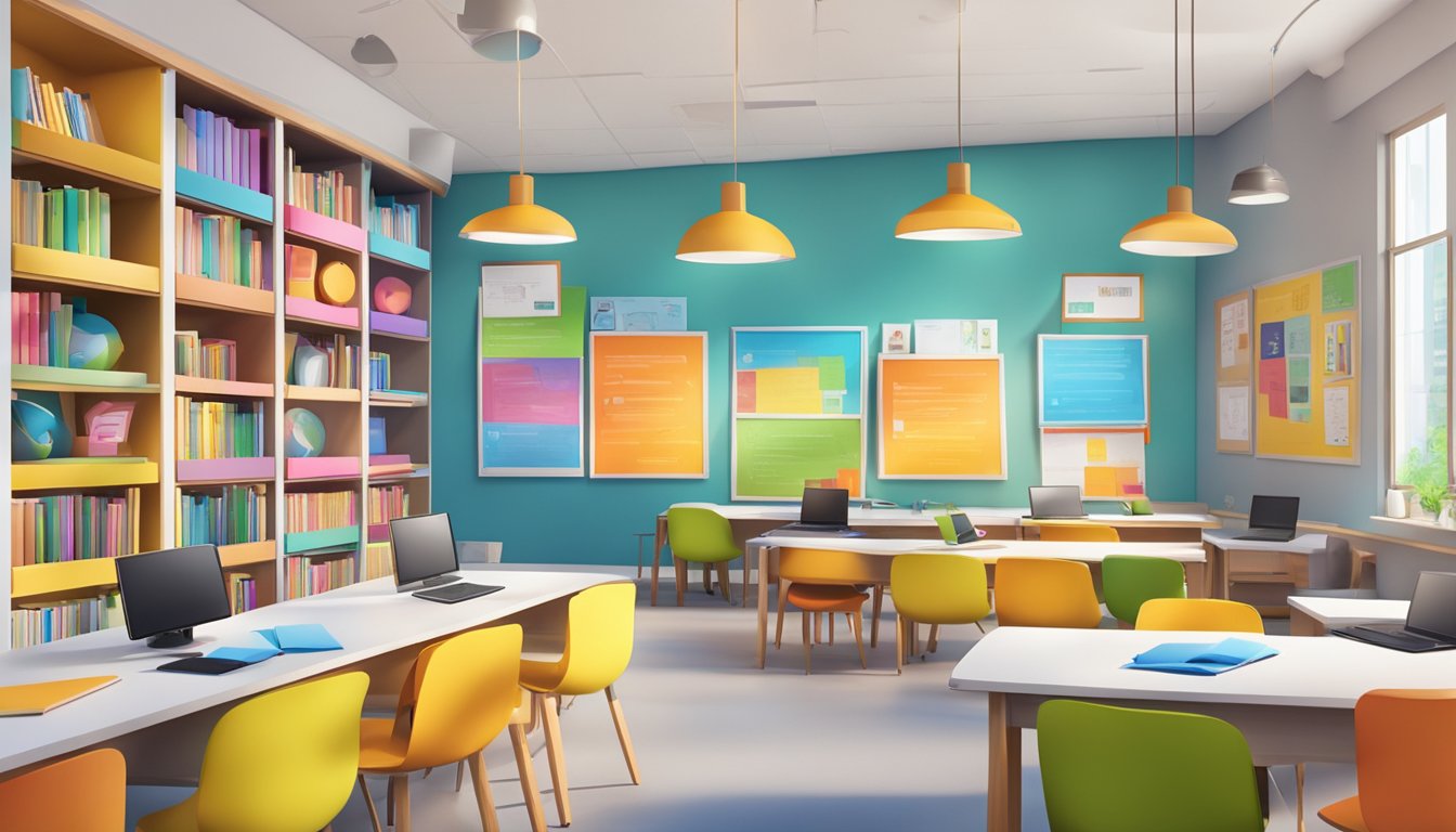 A vibrant and modern learning hub with bright colors, diverse educational materials, and interactive technology