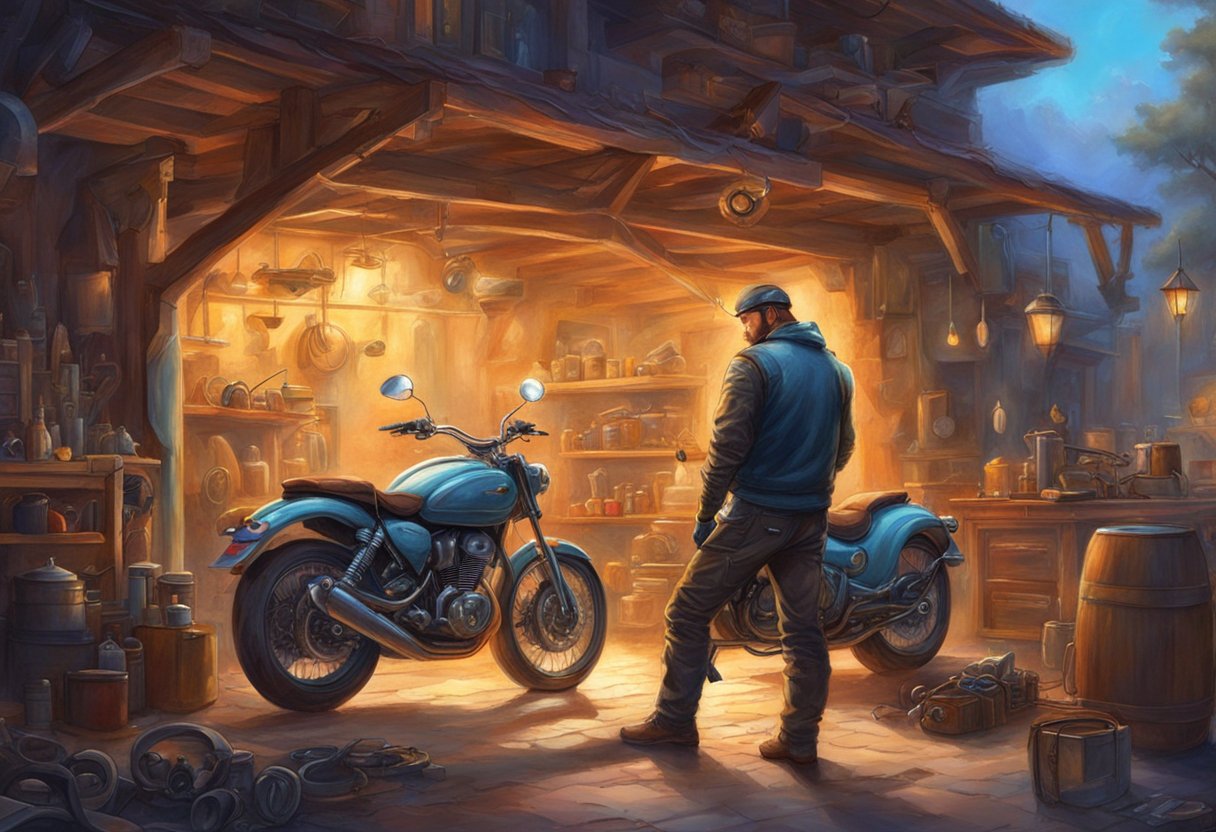 The motorcycle is parked in a garage, with the mechanic inspecting the braking system. Tools and maintenance equipment are scattered around the area