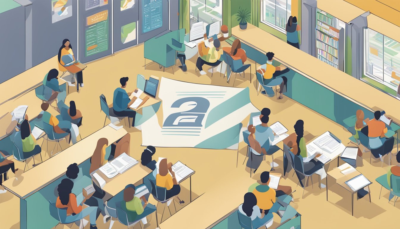 A brightly lit hub with a sign reading "Frequently Asked Questions ada tuition and enrichment" surrounded by eager students and tutors