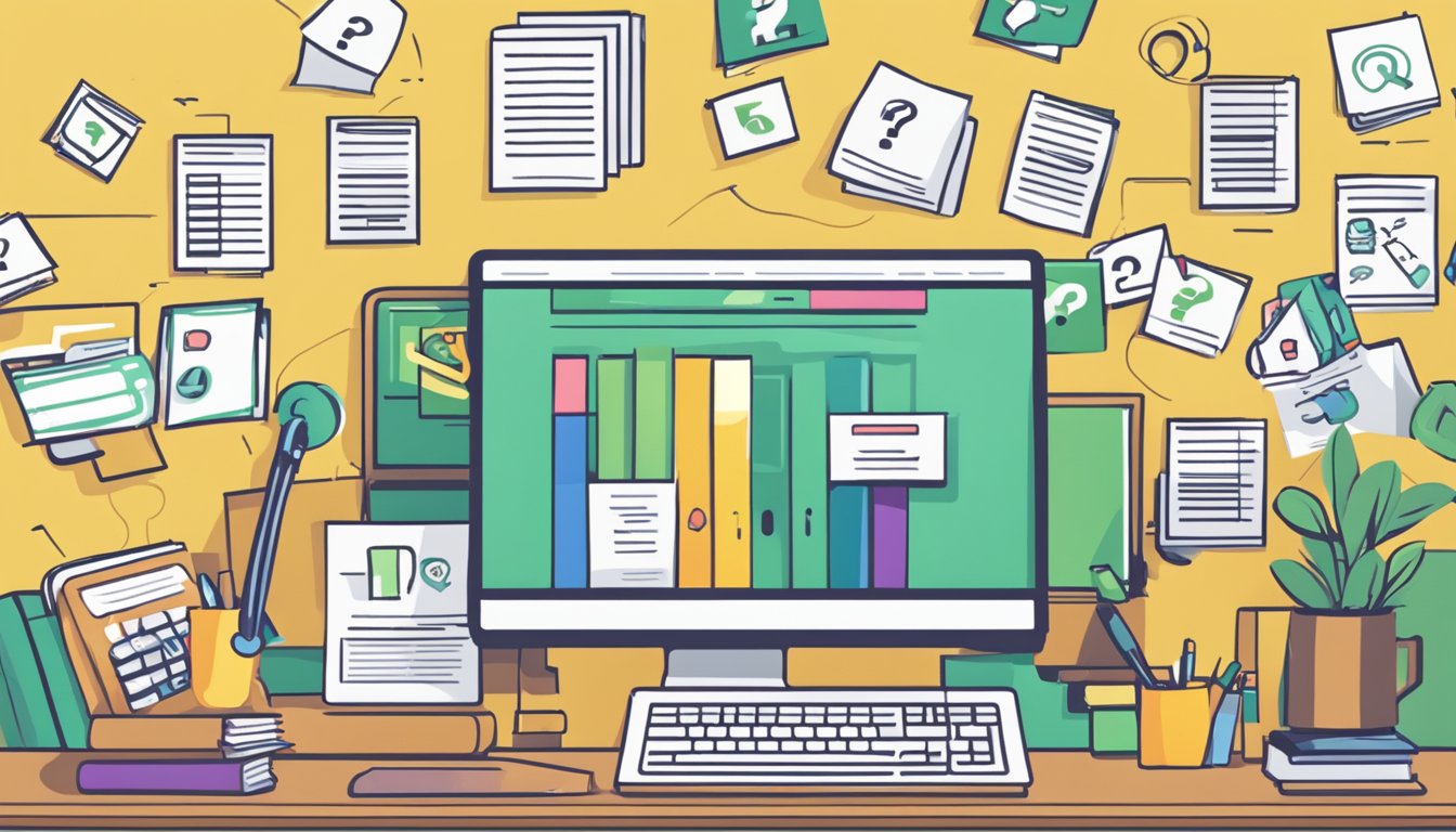 Calvin Kong Tuition: The Secret to Acing Your Exams in Singapore A stack of question marks hovers above a desk, with a computer screen displaying "Frequently Asked Questions calvin kong tuition" in bold letters