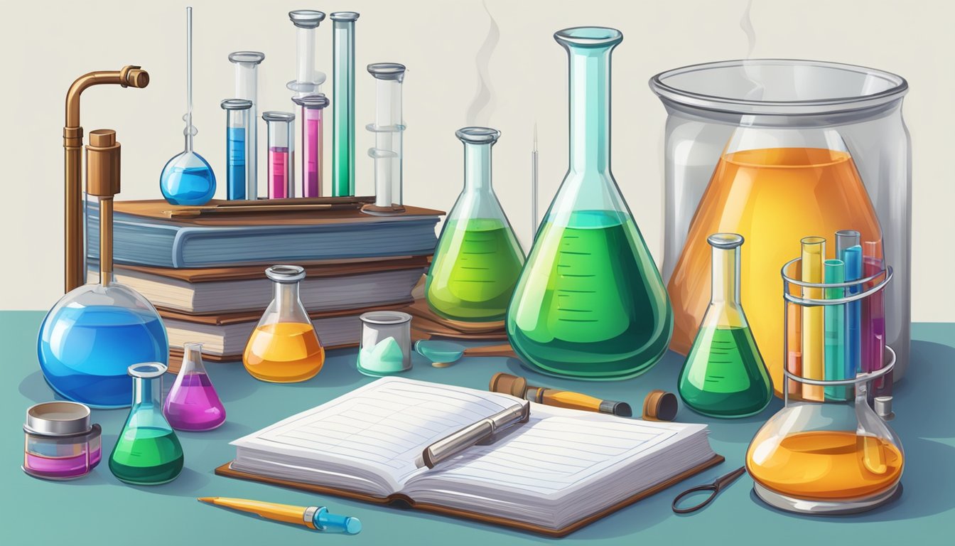 A table with beakers, test tubes, and chemical compounds. Bunsen burner flames and safety goggles. Books and notes on chemistry
