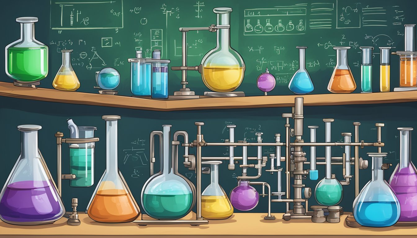 Chemyst Tuition Approach: A chemistry lab with beakers, test tubes, and scientific equipment on a lab bench. A chalkboard with chemical formulas and equations in the background